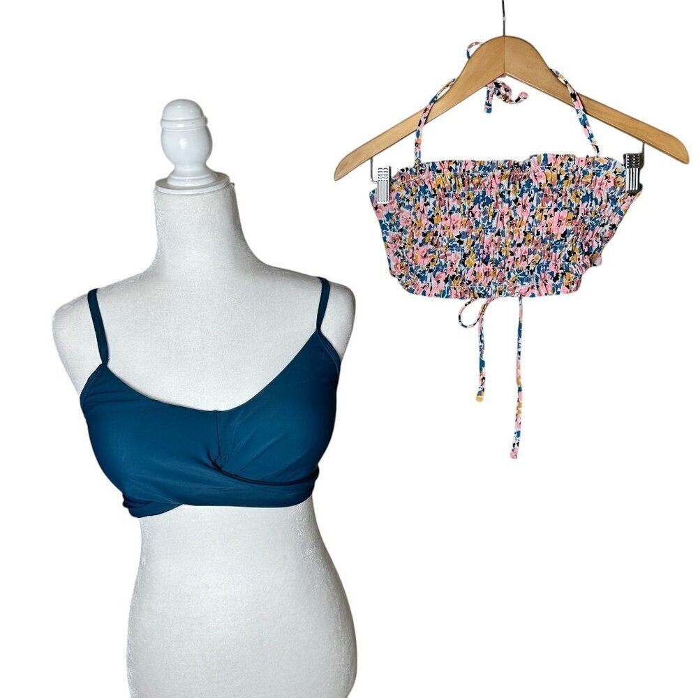 SET of 2 Bikini Tops Size Medium Floral & Teal Bandeau and Cut Out Styles